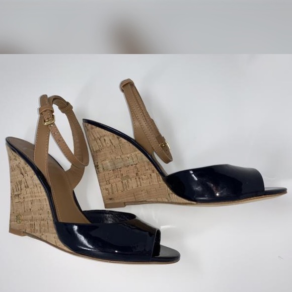 Tory Burch Ashton Patent Cork Wedge Sandals Heels - Picture 3 of 13